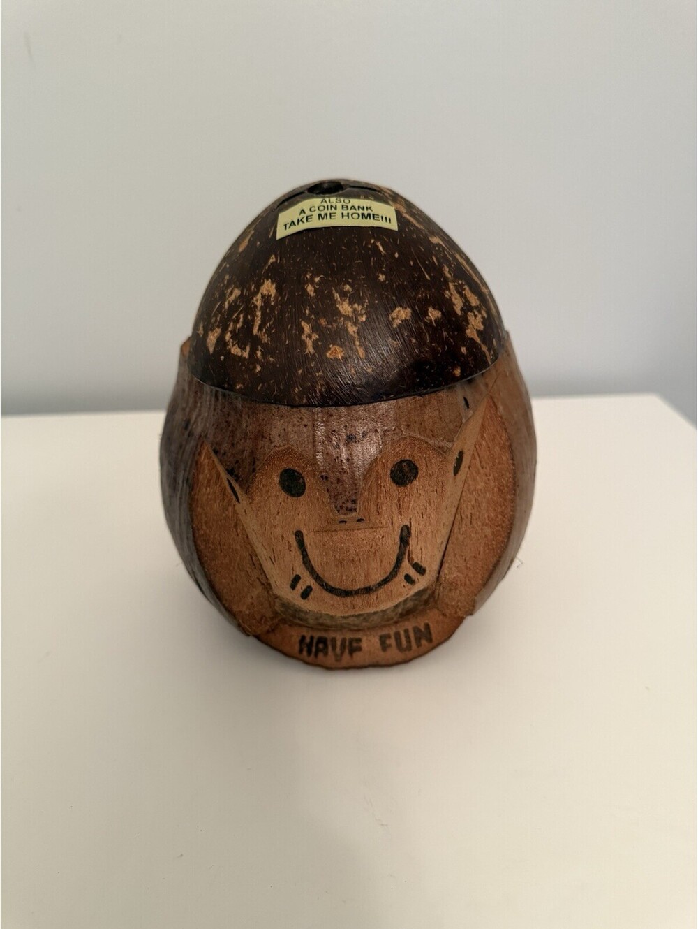 Vintage Hand Carved Coconut Monkey Head lid HAVE FUN - Ad Monkey Hawaii TIKI BAR